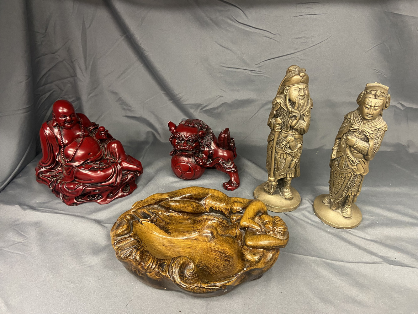 Quality lot of Chinese figures, heavy red resin and stone figures, bowl with figure and pair of metal figures approx 23cms tall