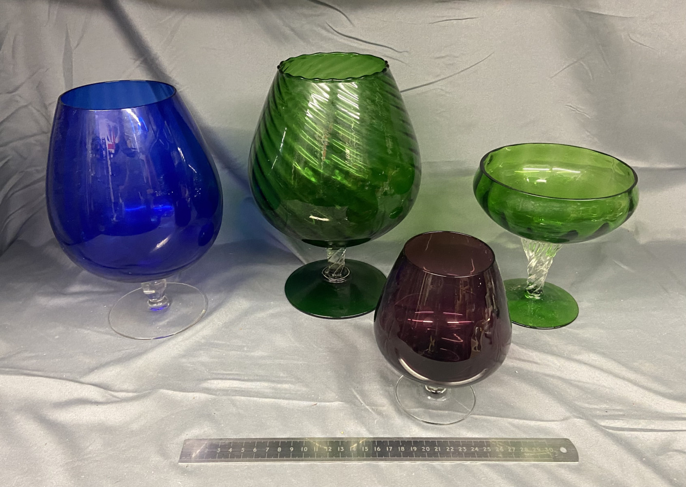 3 large ballon glasses largest 27cms and stunning green glass bowl on stand