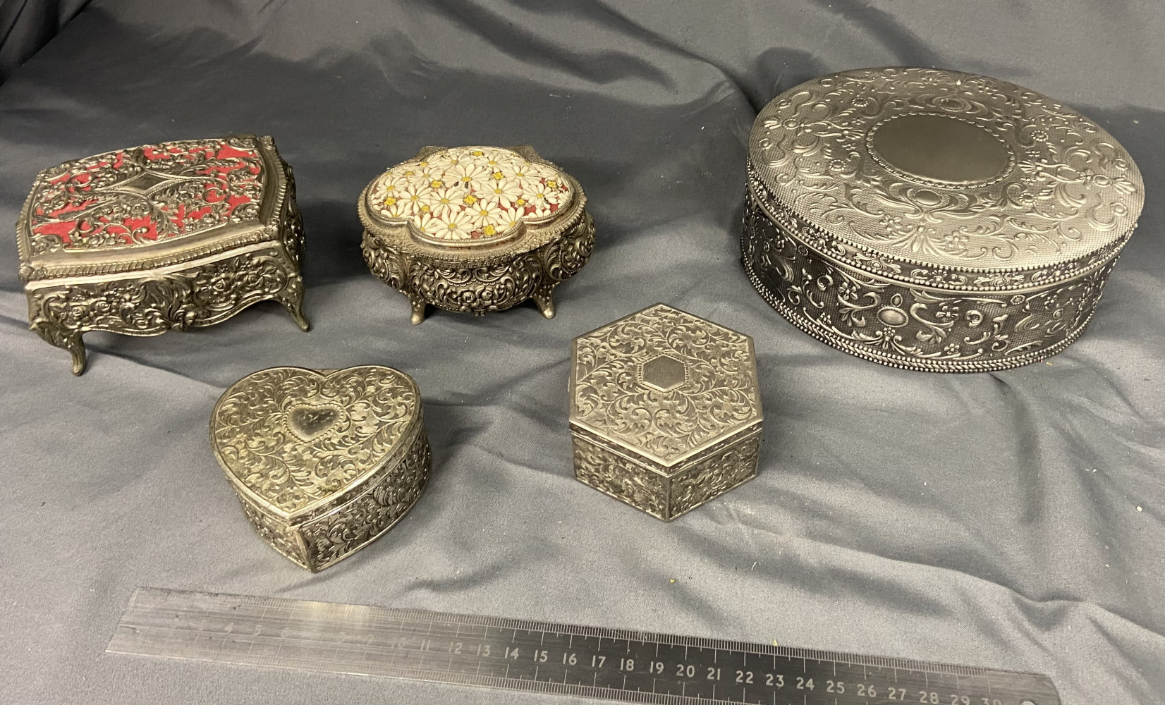 5 silver plated and metal boxes
