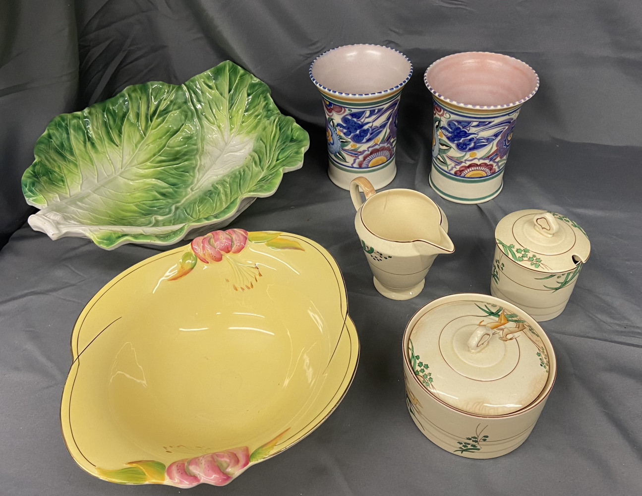 2 Poole pottery cases, Royal Winton Grimwades ceramic bowl, lettuce shaped bowl and set of Art Deco Newhall pottery which is a/f