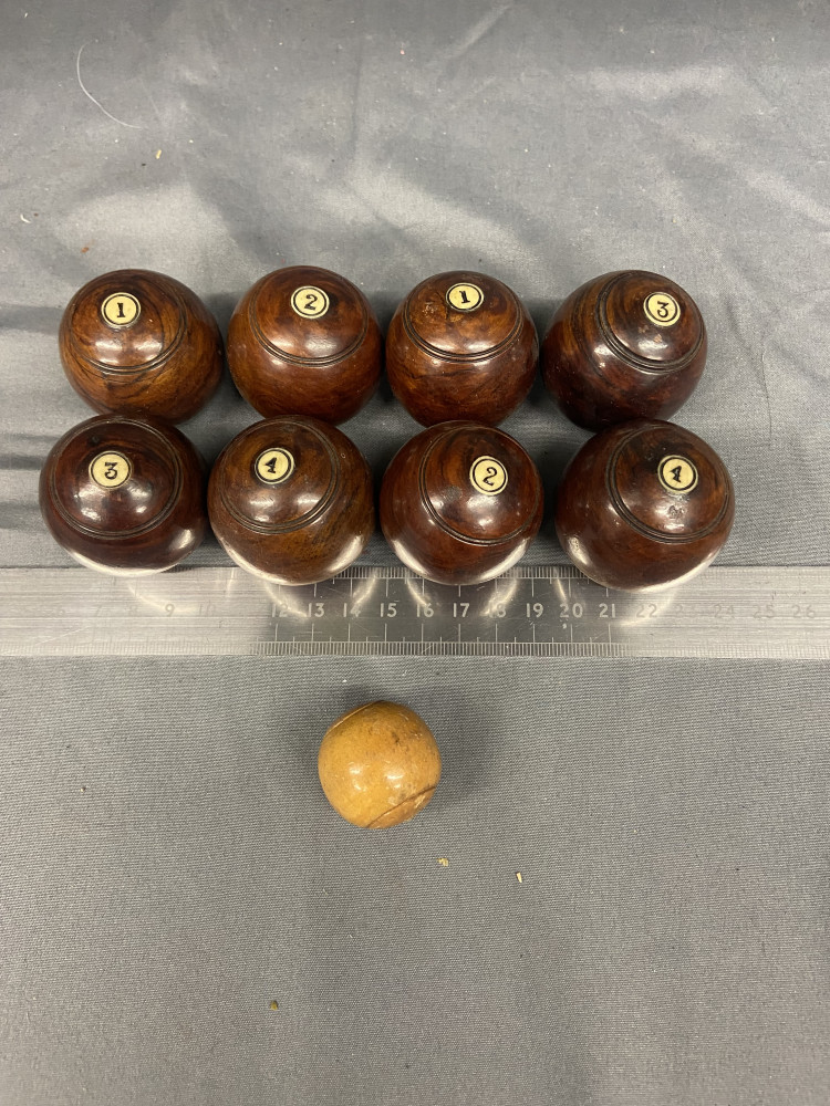 Set of miniature wooden bowls and jack