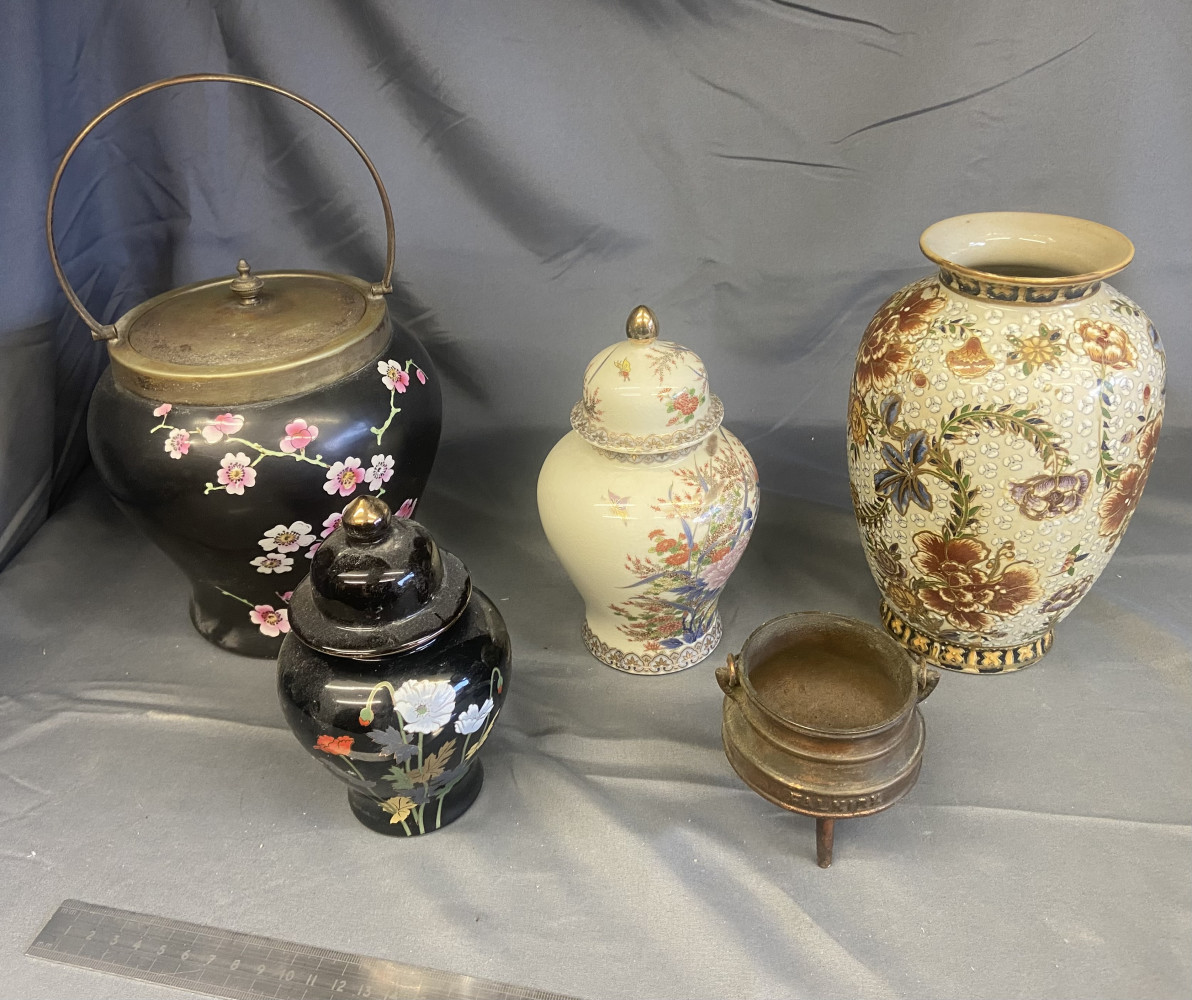 Japanese Satsuma ware ceramics, brass cauldron and othaer ceramics