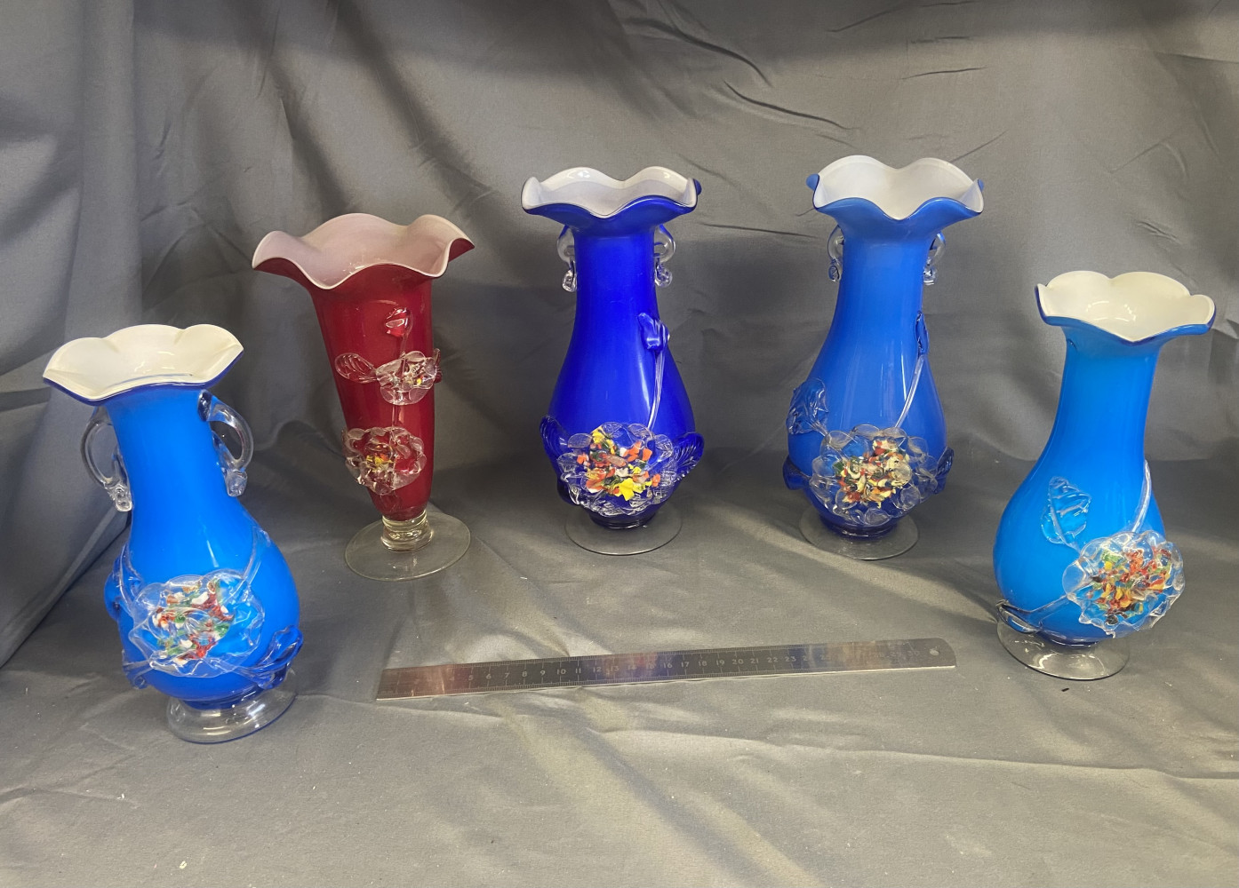 Five Marano glass vases