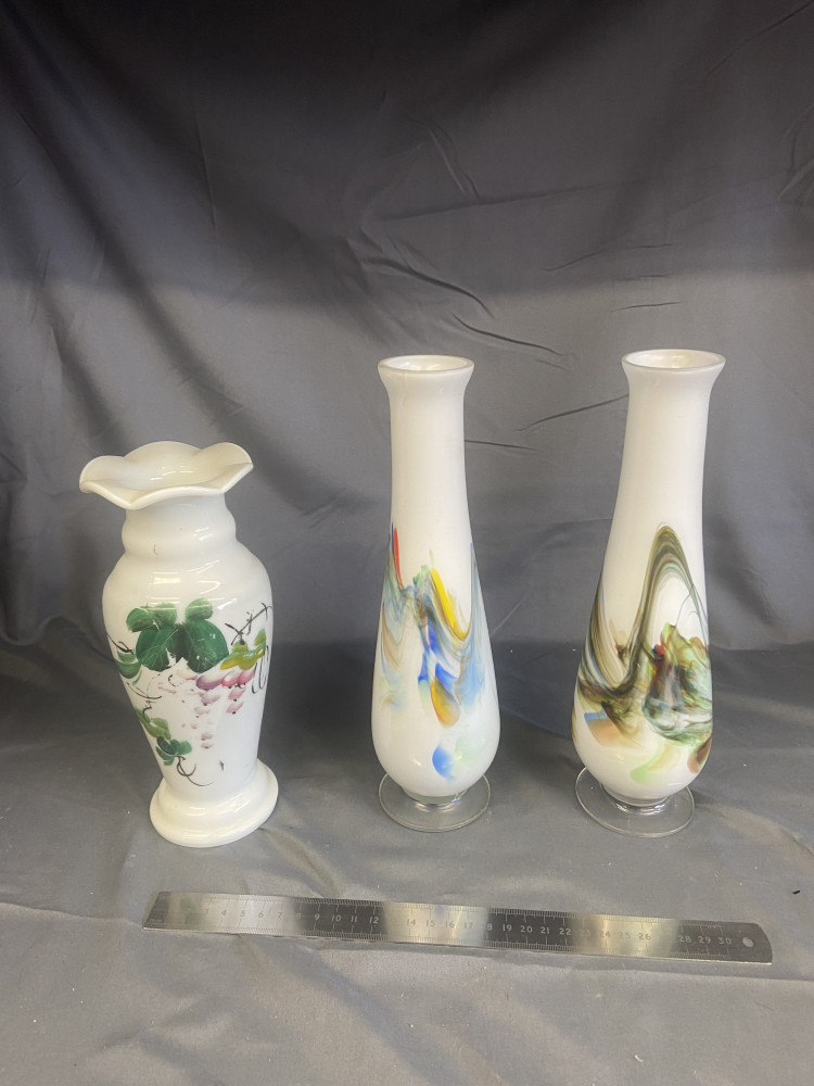 Vintage Milk glass vases, pair are A/F to top