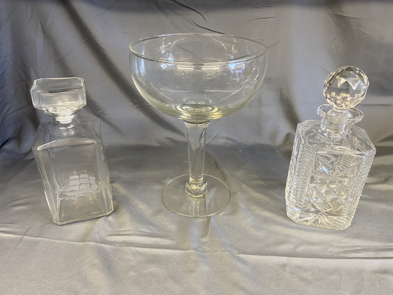 Large fish bowl wine glass 27cms tall and 2 decanters