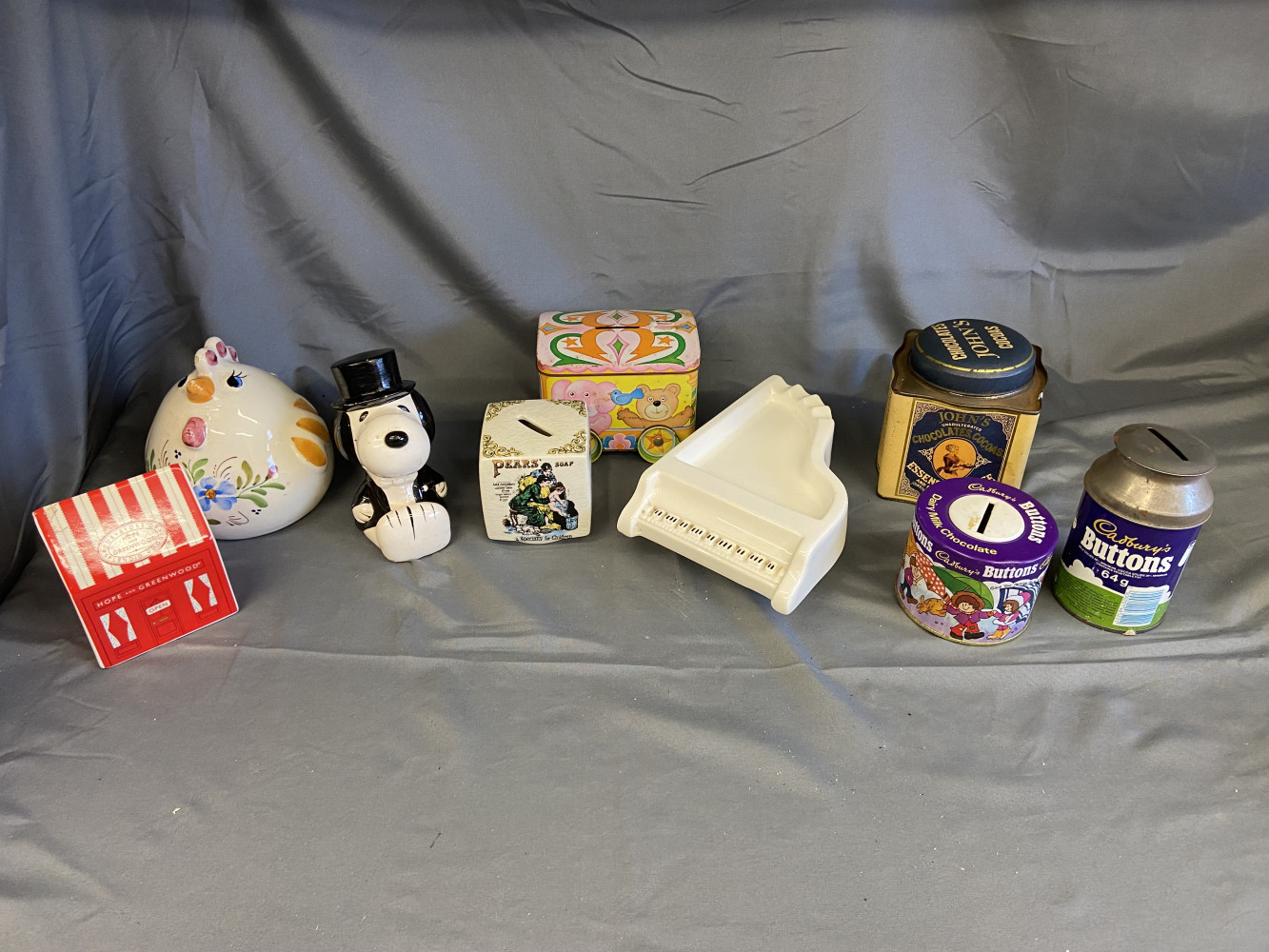 Vintage collectible piano ashtray, money boxes and vintage tins