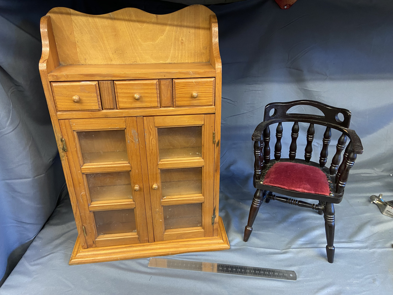 Pine unit 53cms high and dark wood dolls chair 23cms high