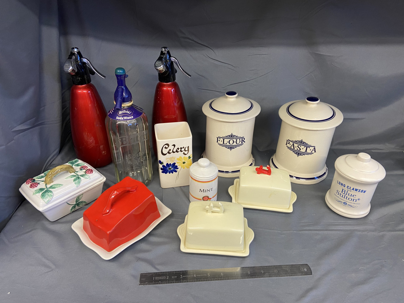 2 1869 Victorian Pottery Company storage jars, butter and cheese dishes and soda siphon including rare Britvic one