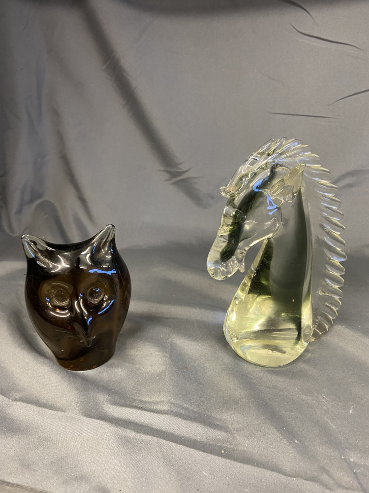Vintage glass horse approx 17cms and glass owl paperweight