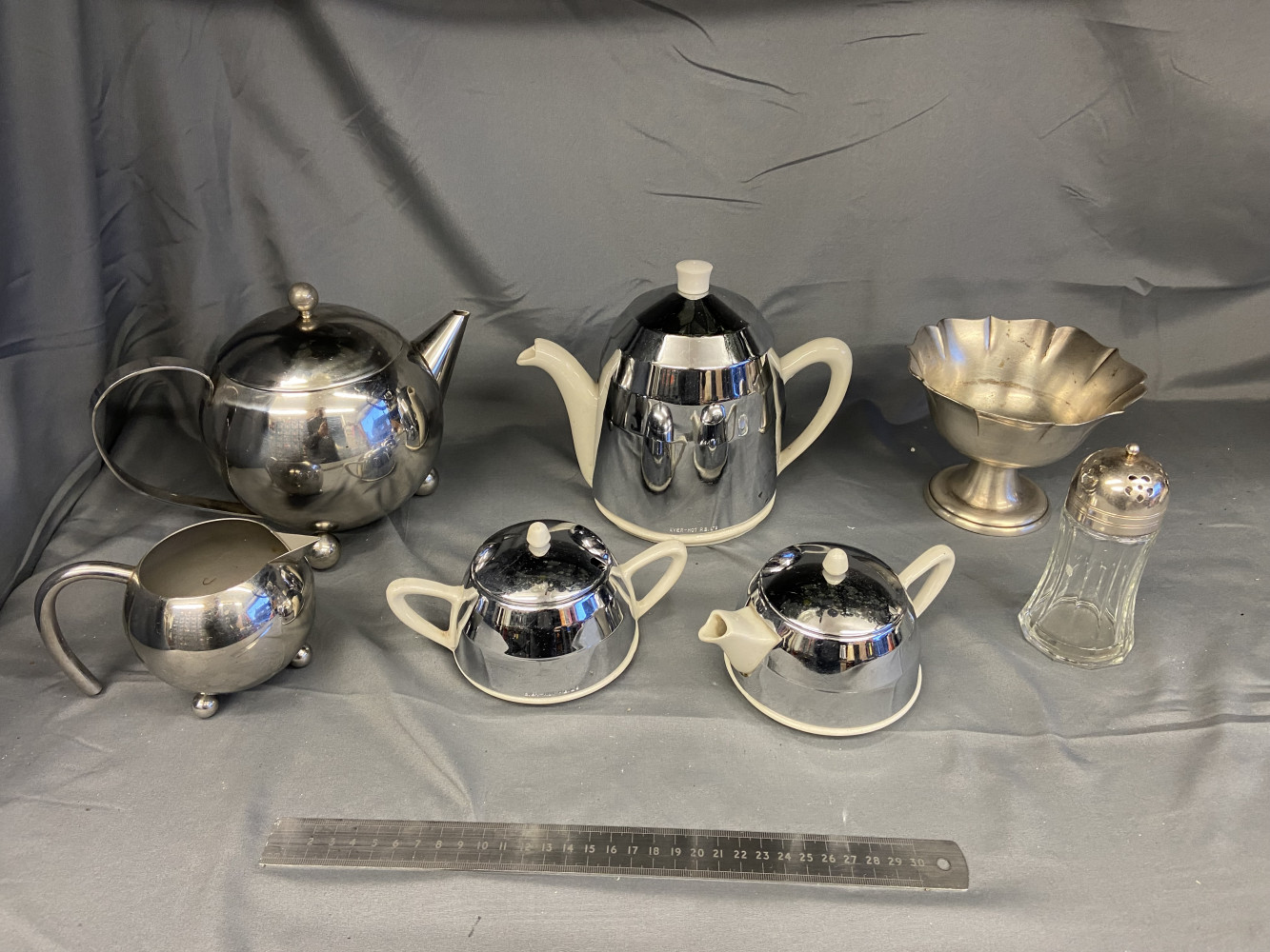 2 Art Deco sets one vintage chrome-plated, "Everhot" tea and coffee ware, one unmarked, and sugar shaker and sweet bowl on stand