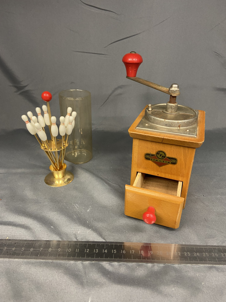 German vintage 1950s KYM coffee grinder, and set of bowling olive forks