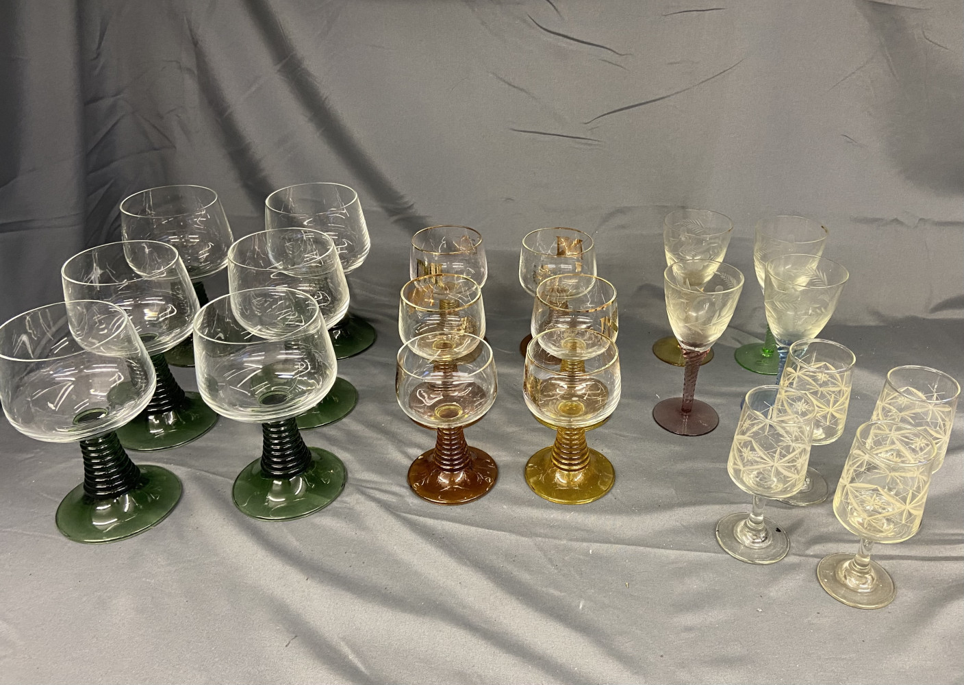 2 Sets of Vintage French Beehive stem wine glasses and other glass sets
