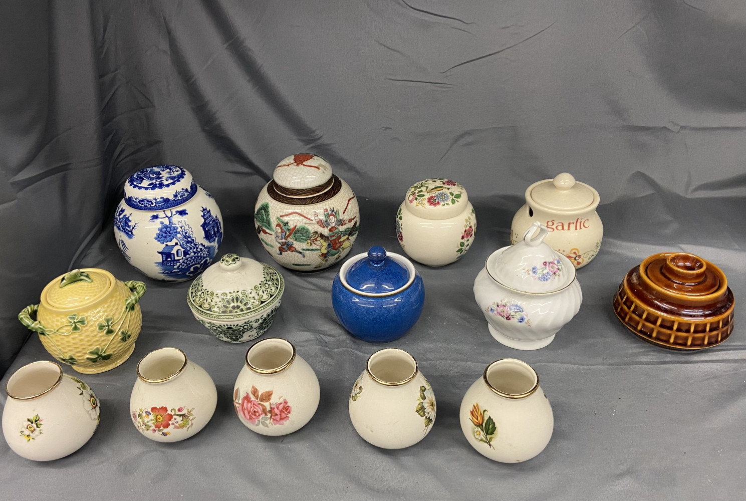 Selection of ginger jars and pots with lids and set of 5 crown Devon small vases