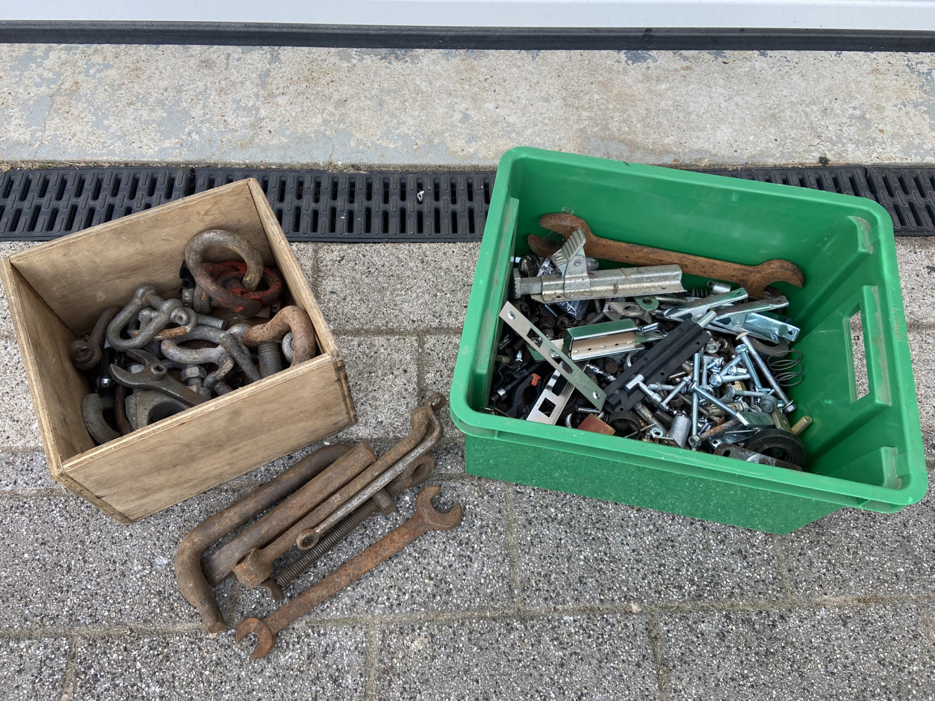 Boxes of heavy tools and fixings and other large metal items