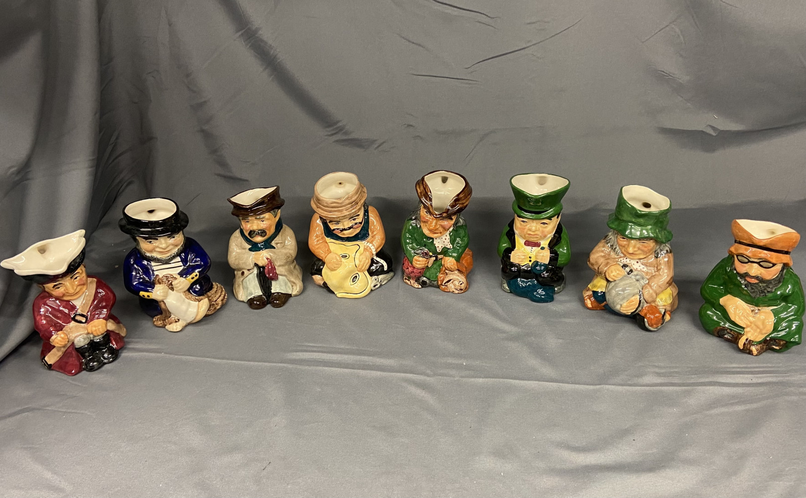 Eight Character Roy Kirkham jugs, begger, tinker, thief, tailor, sailor, soilder