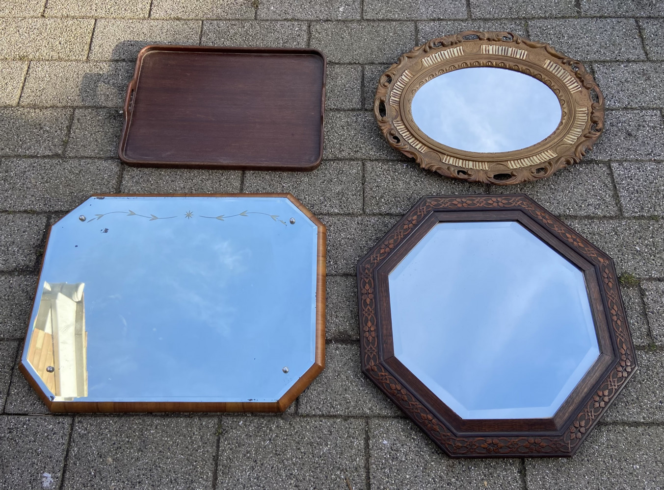 3 Mirrors and wooden tray