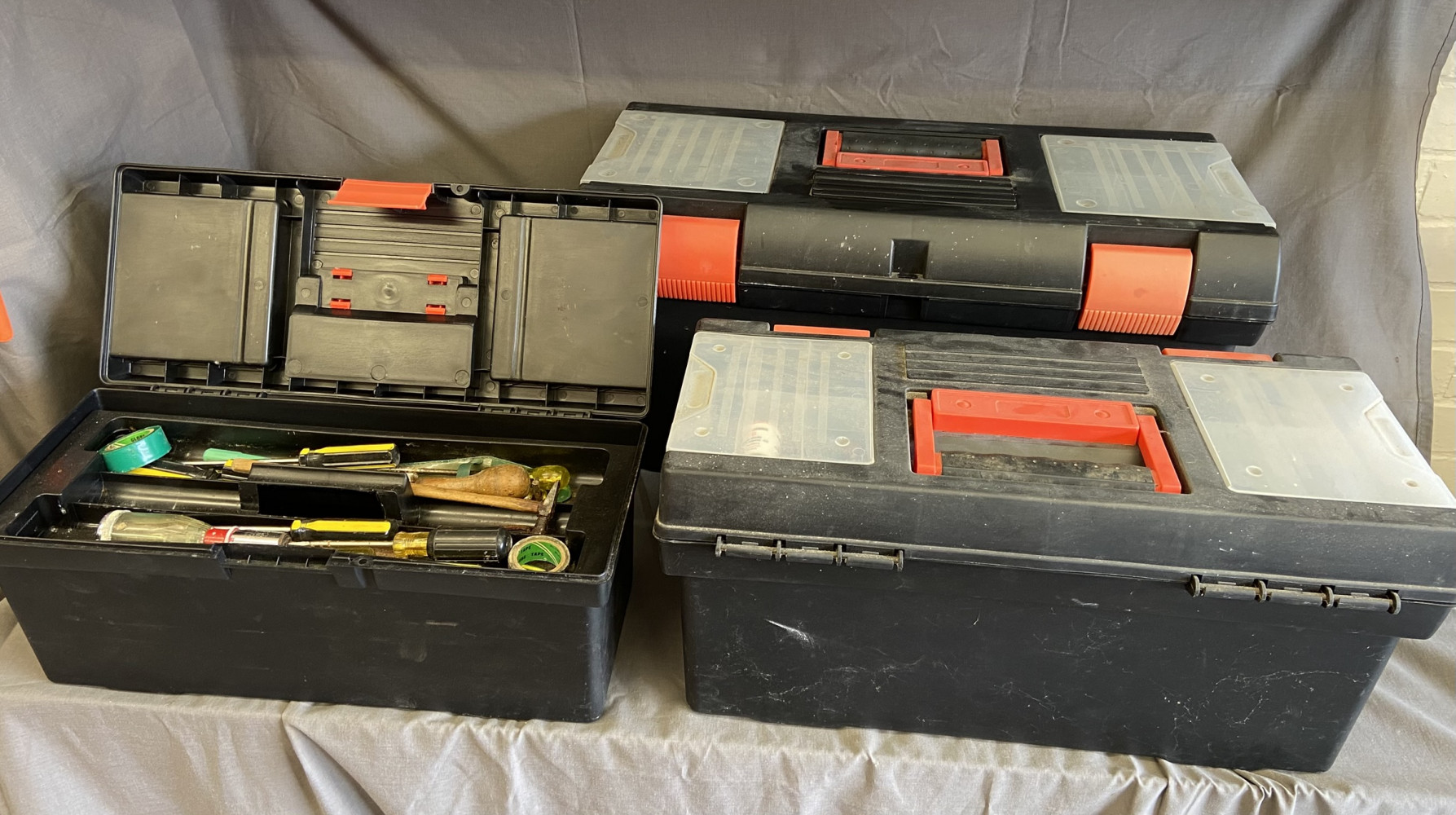 3 Plastic Tool Boxes and some tools 