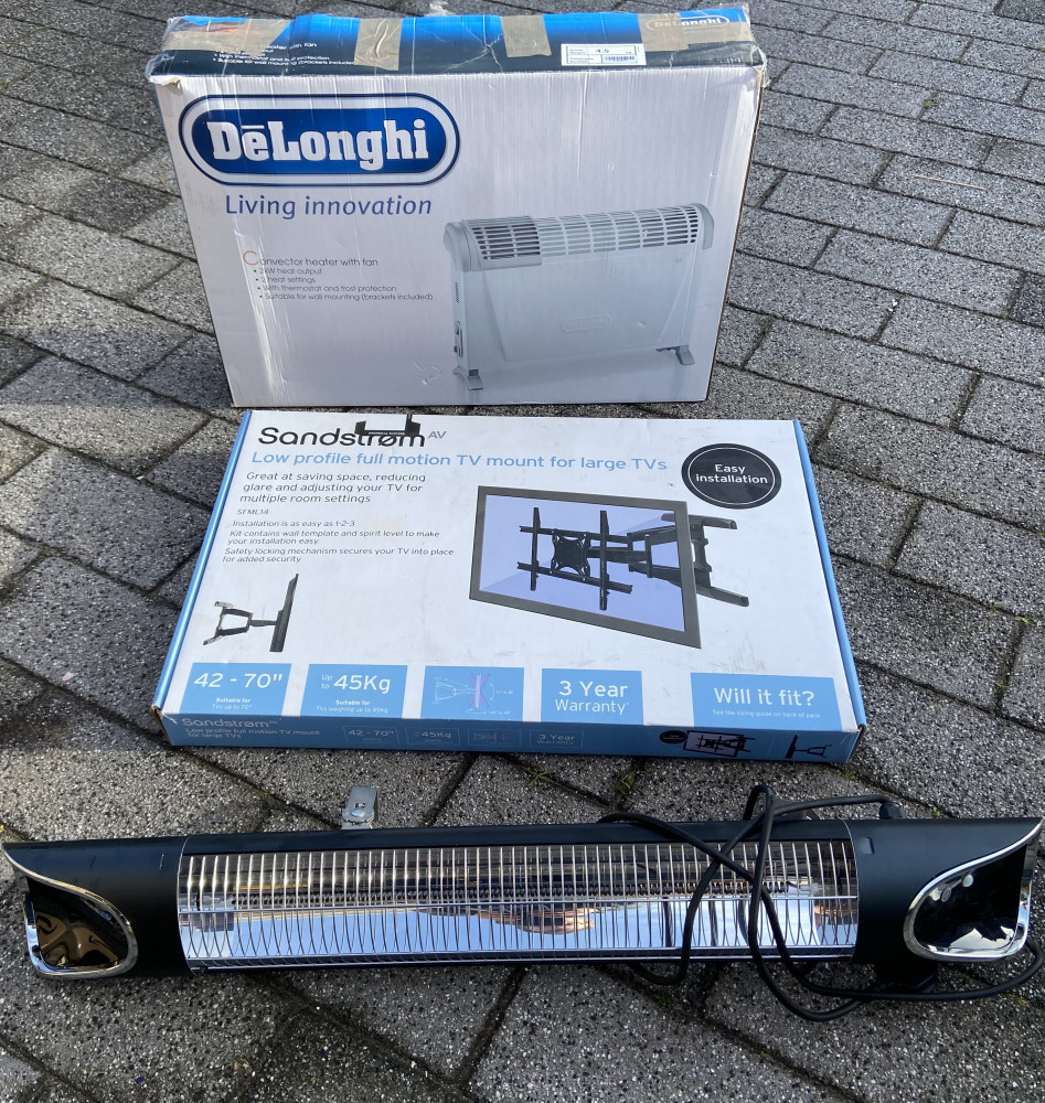 Delonghi heater, TV wall bracket and as new halogen heater