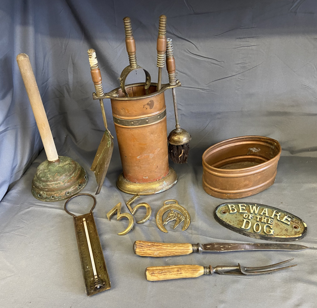 Fireside set, bone handle carving set, and other metalware