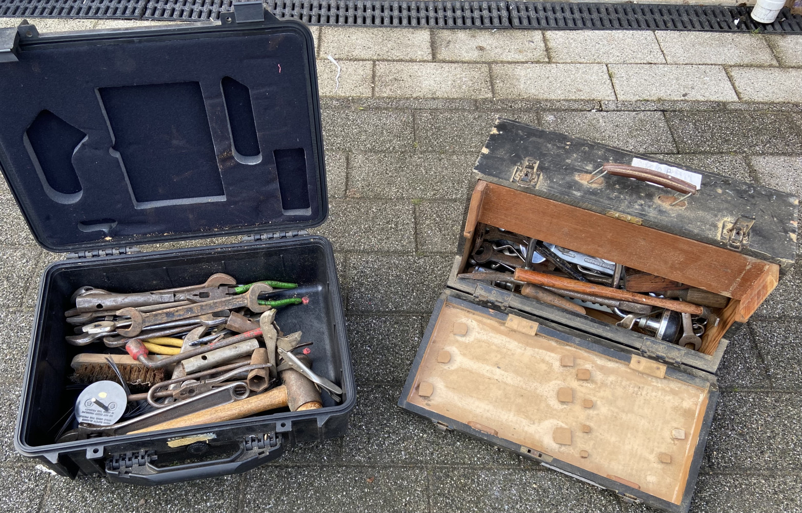 Two boxes one old carpenters case both full of mixed tools