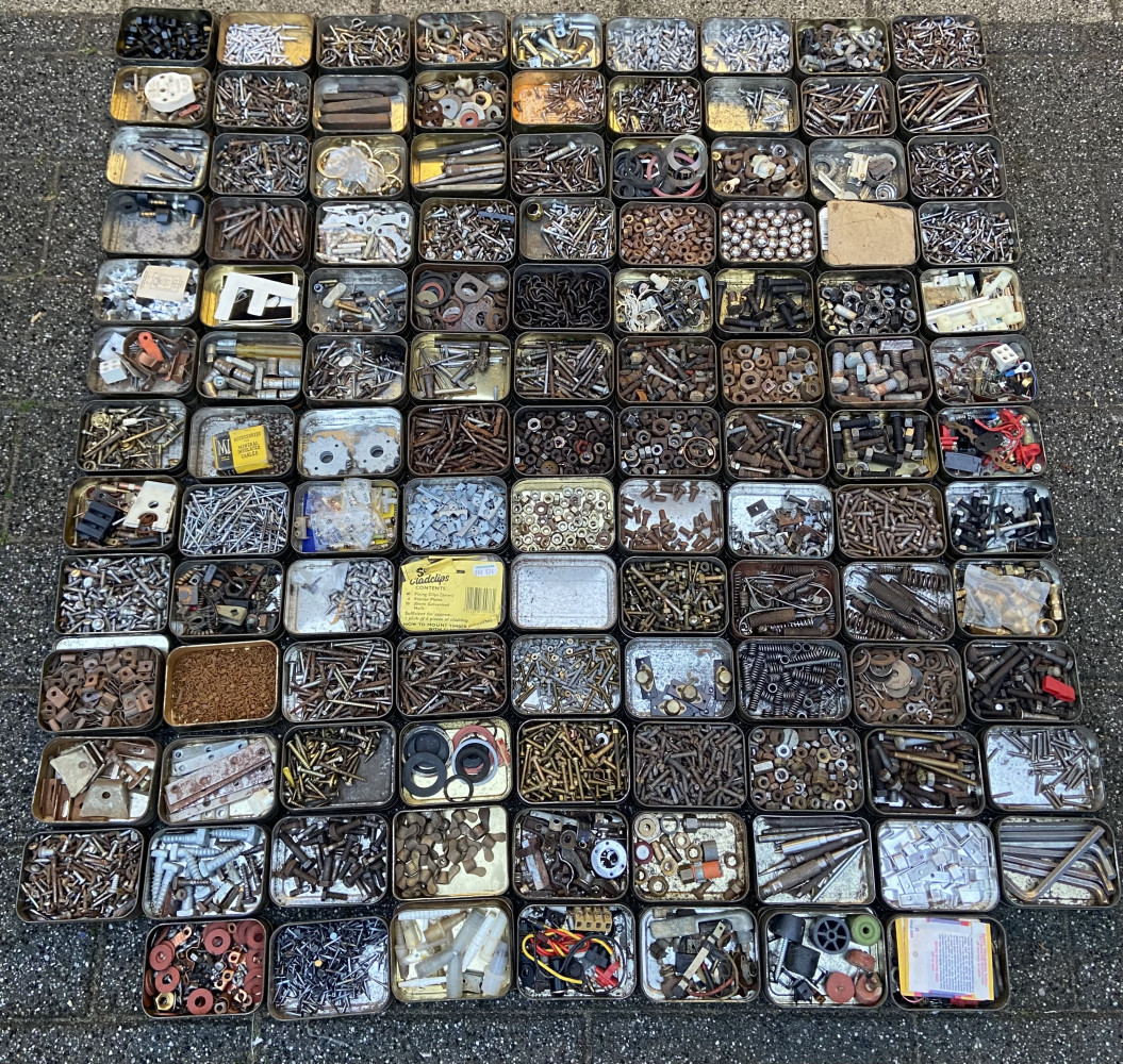 115 Tins full of one man’s collection of screws, fixings, nails, clips etc etc