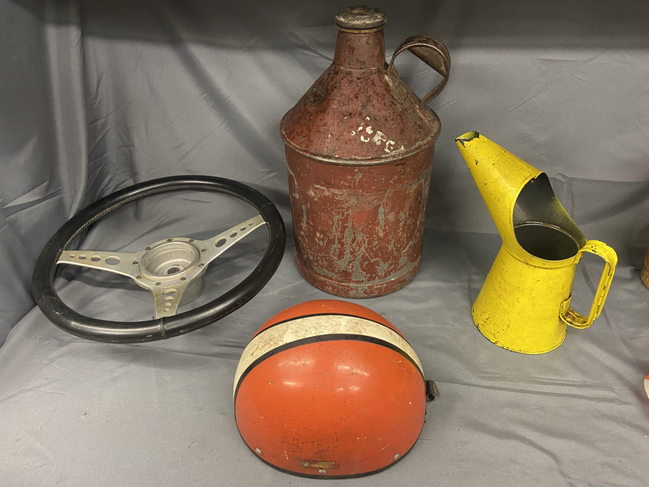 Moto-Lita Leather rim steering wheel, 2 oil cans and crash hat