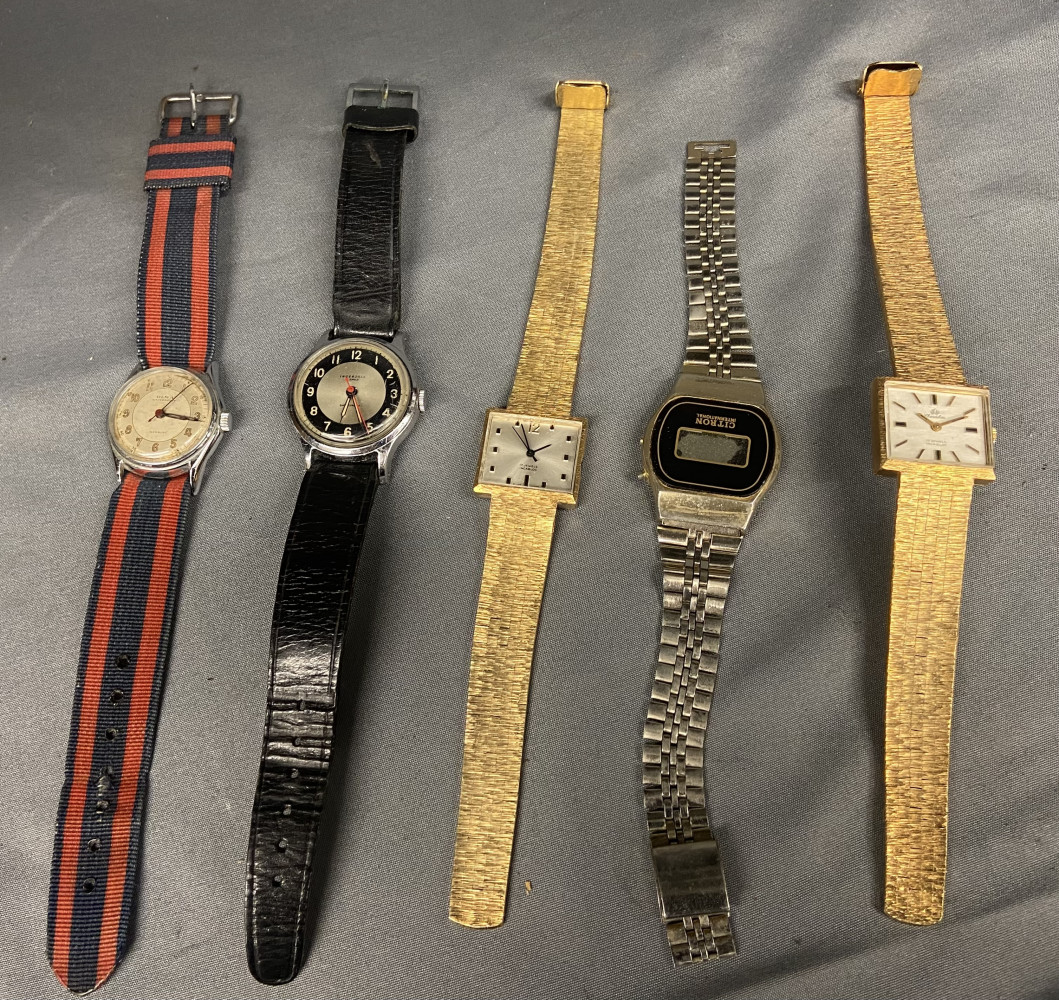 5 dress watches, a vintage 1970s Chevalier 17 jewels Incabloc gold-plated ladies dress wristwatch, vintage manual-wind Swiss-made gold-tone bracelet watch, vintage Ingersoll 5 Jewels Shockproof mechanical wristwatch, vintage Olma "Waterproof" manual-wind 