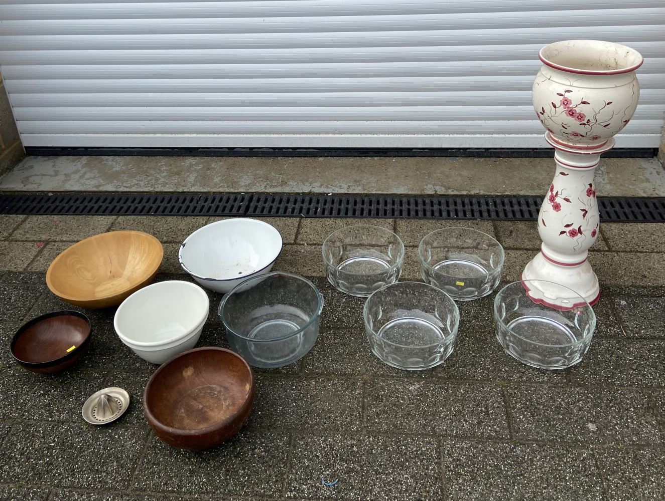 Large lot of glass, wooden, enamel bowls and pot on stand, stand is a/f to base