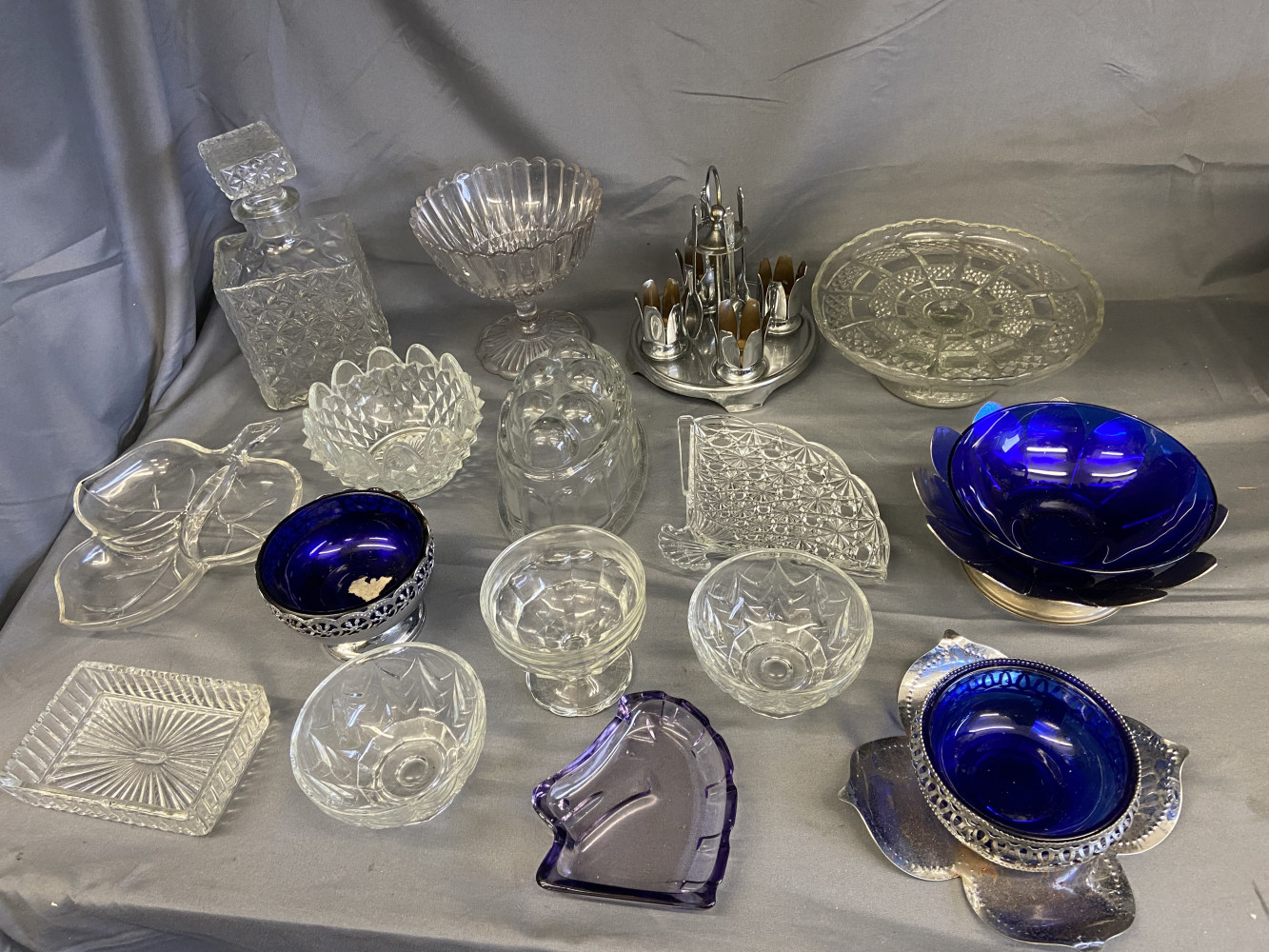 Large lot of glass items, with blue glass and silver plate