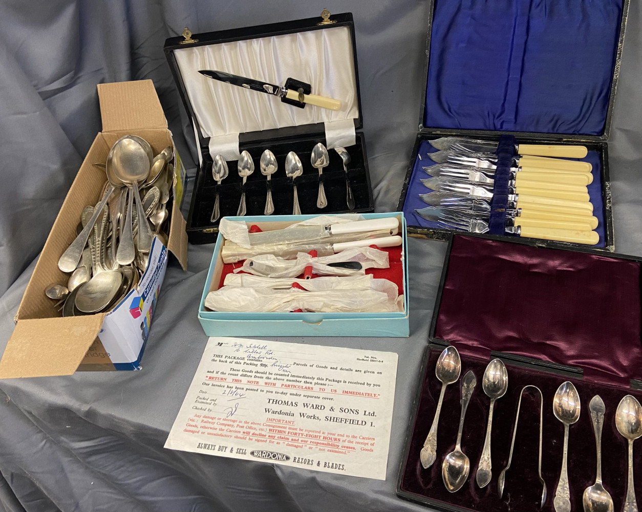 Boxed cutlery sets and box of plated tableware cutlery