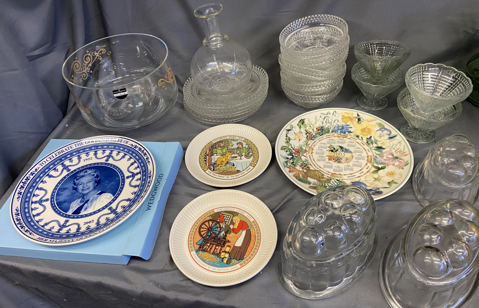 Jelly moulds, mixed glass and crystal and collectable plates
