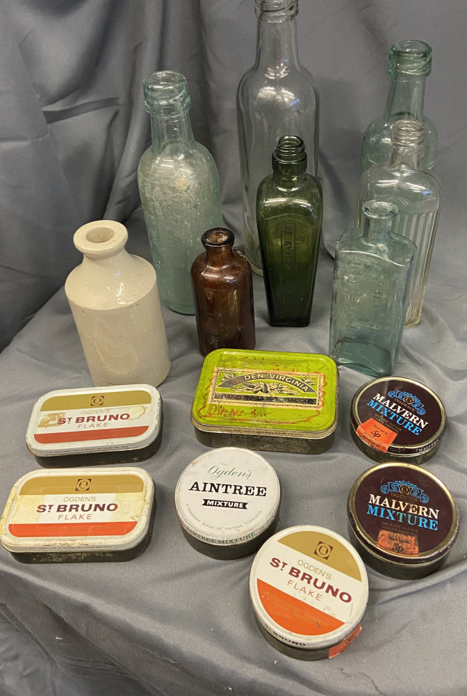 Antique bottles and collection of vintage tins