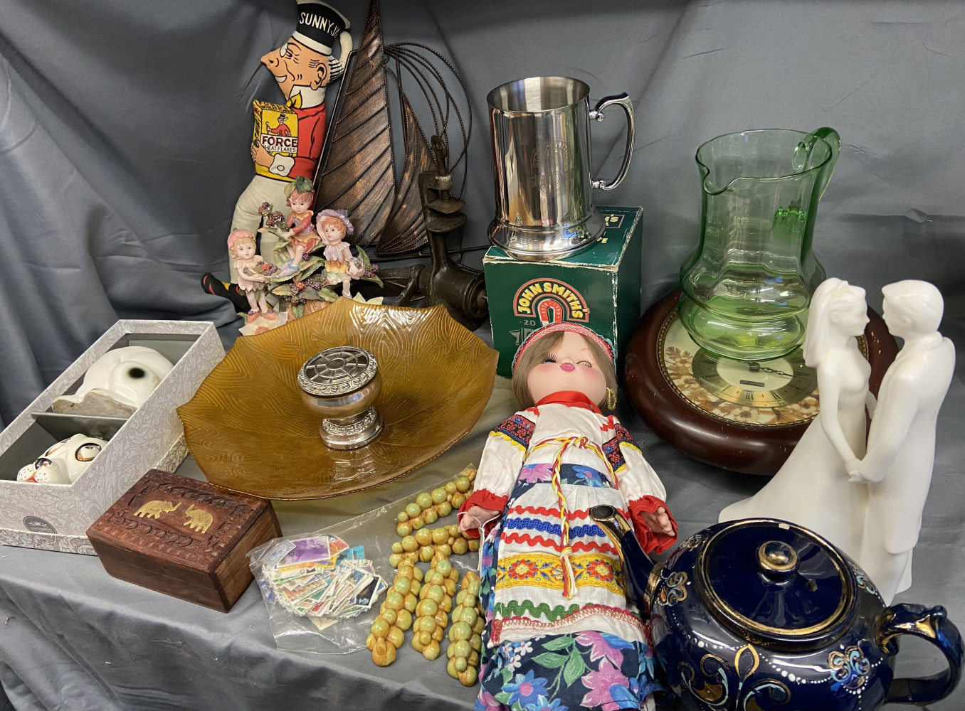 Large mixed household lot, dolls, glass, stamps etc