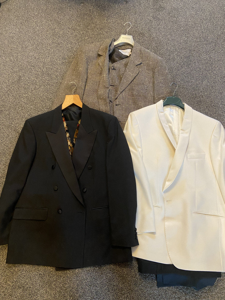 3 piece suit, cream jacket and black trousers and Twead jacket with waist coat