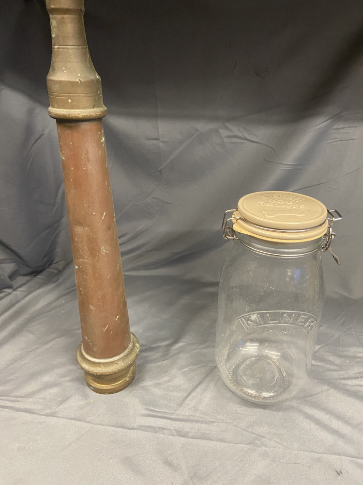 Antique fire hose end 43cms and dog treat jar