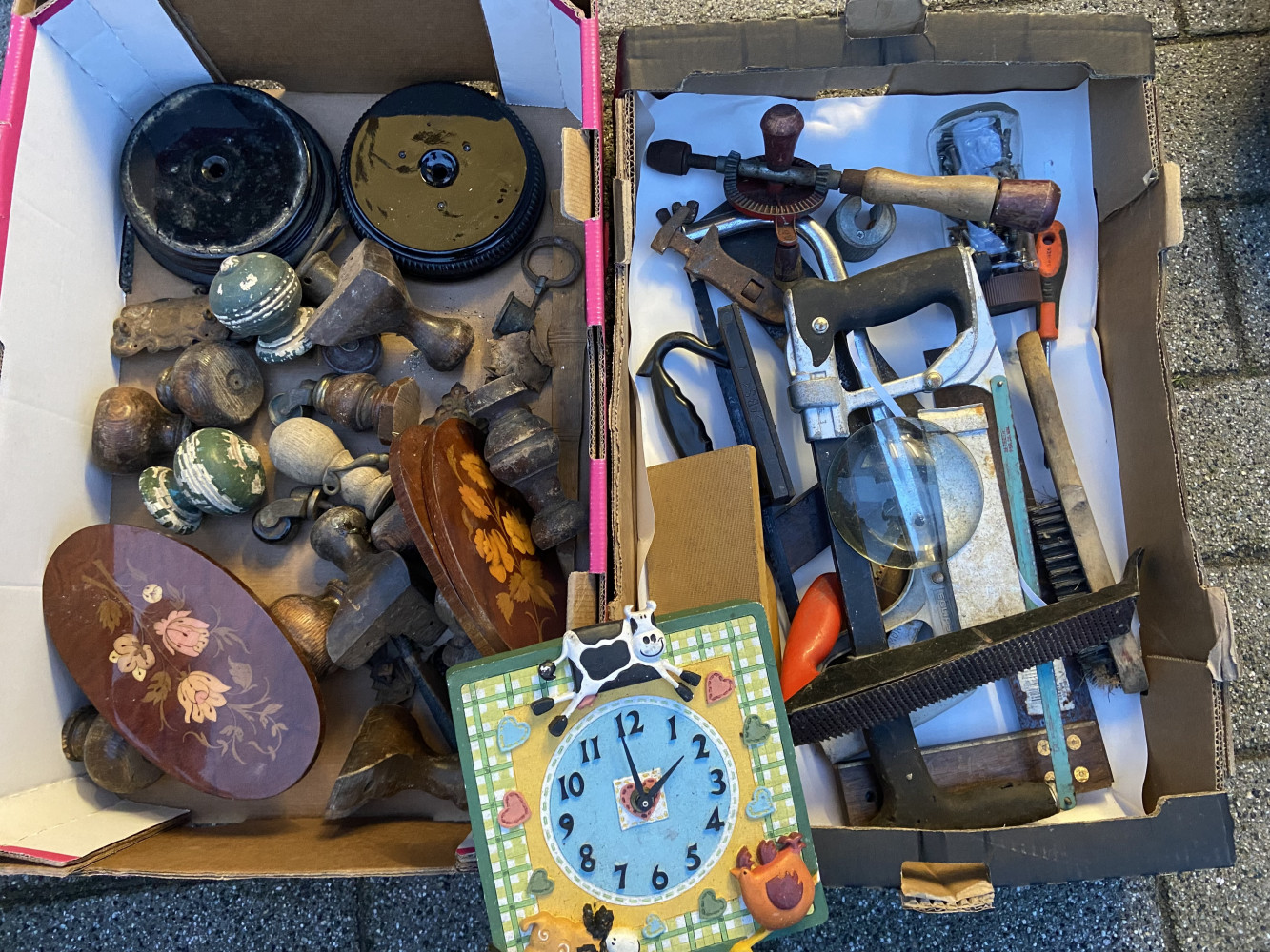 Tray of tools, clock and tray of restoration spare items
