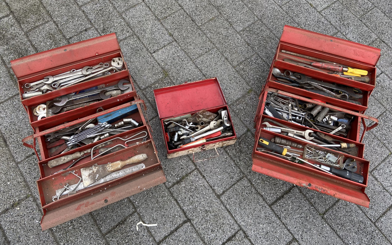 2 metal tool boxes and one small box fully loaded withvtools