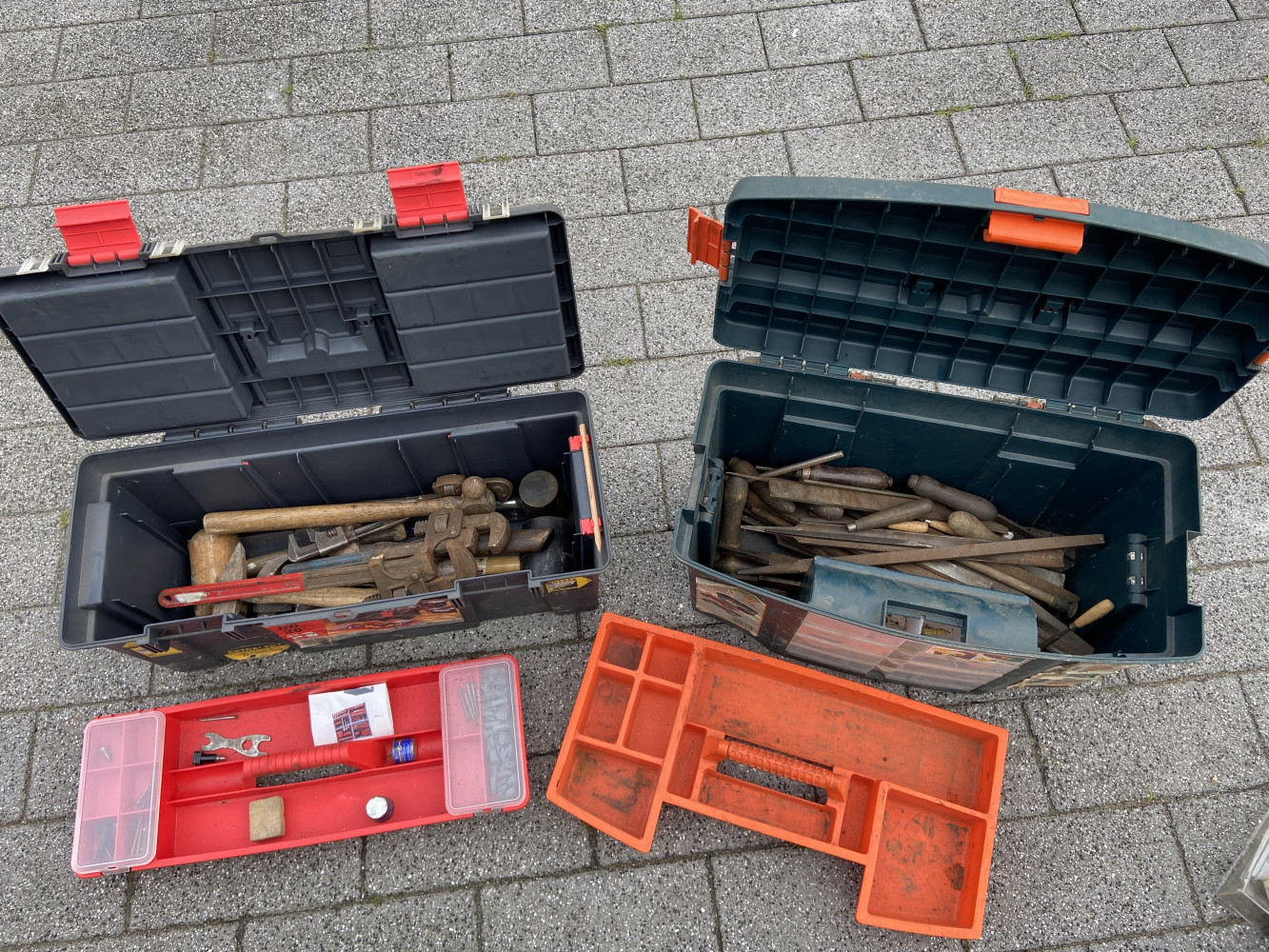 2 large tool boxes loaded with heavy tools, one full of large files the other hammers and stilsons