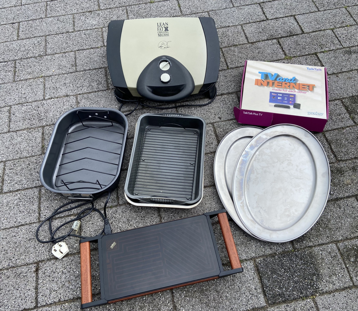 Large Forman grill, oven trays, silver trays, heating tray and internet box