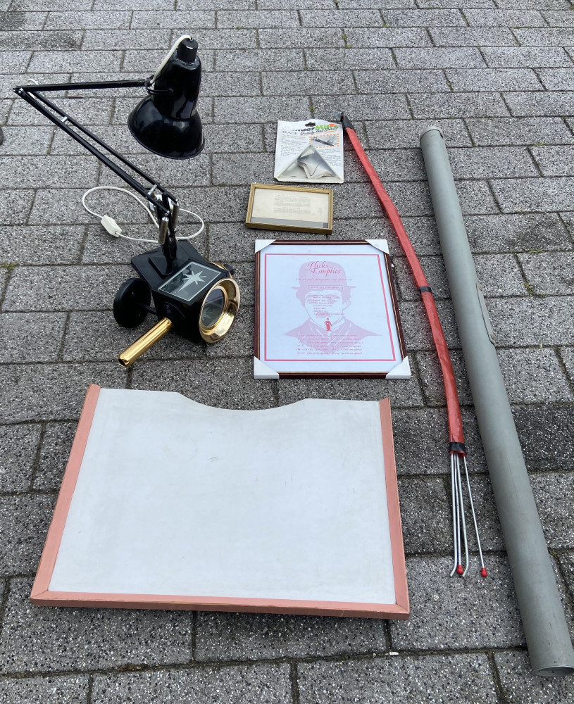 Large angle poised lamp, home made bed tray, carriage effect outdoor lamp, projector screen and frames