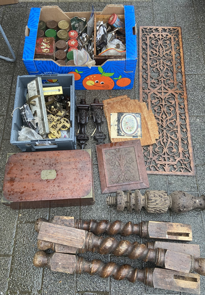 Writing slope, wood veneers, large collection of furniture metal ware, spanner’s, glass bottles full of items and collection of wooden items