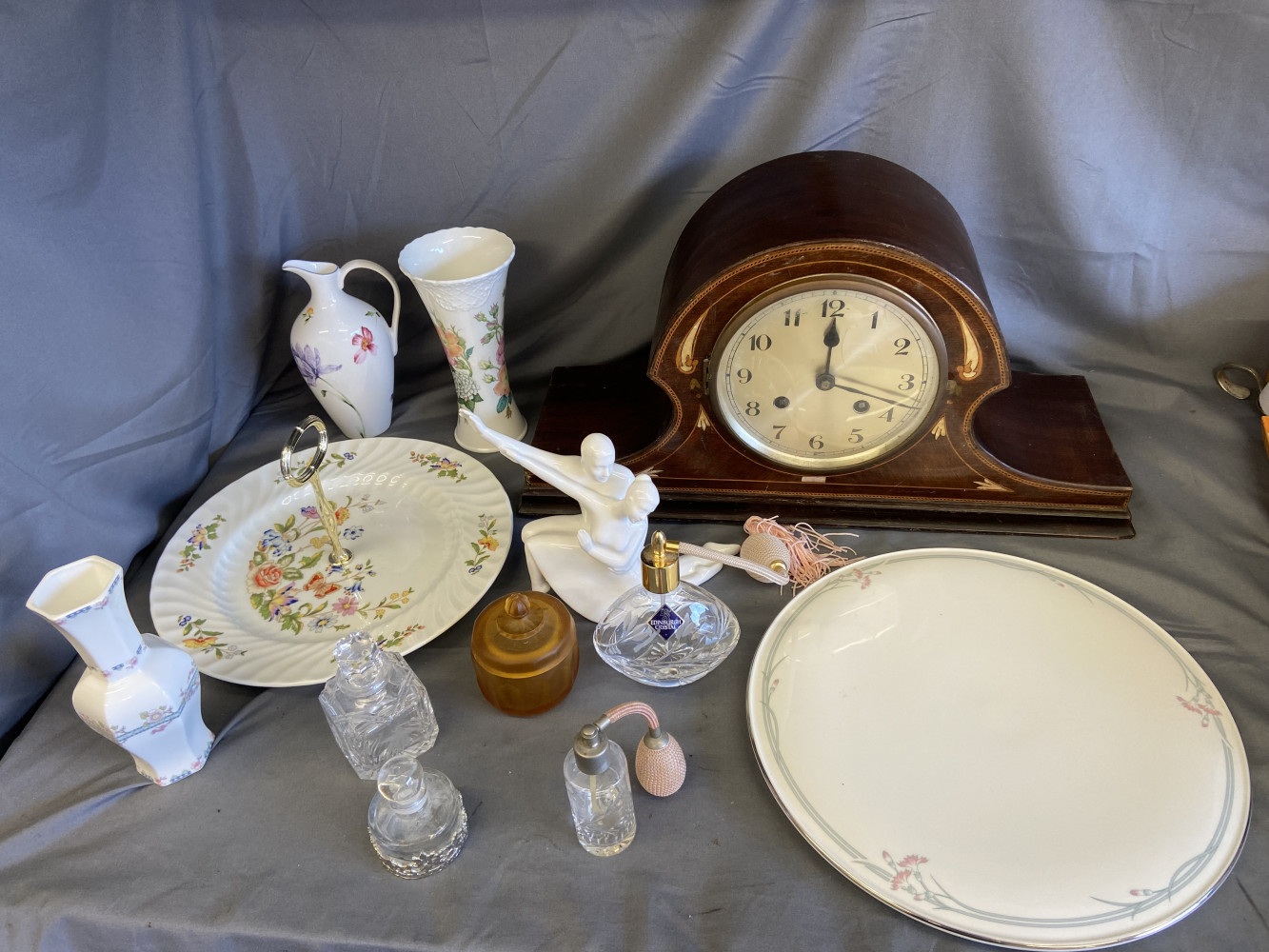 Napoleon mantel clock, Mixed glass and atomisors Coalport figure and vases, Wedgewood, Royal Doulton plate stand