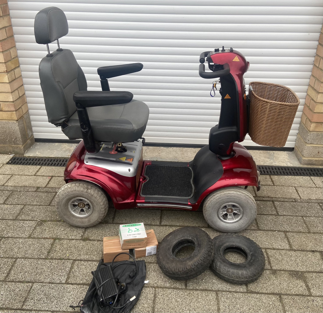 Shop Rider mobility scooter, charger, two new tyres, basket on front all seems to work as should.