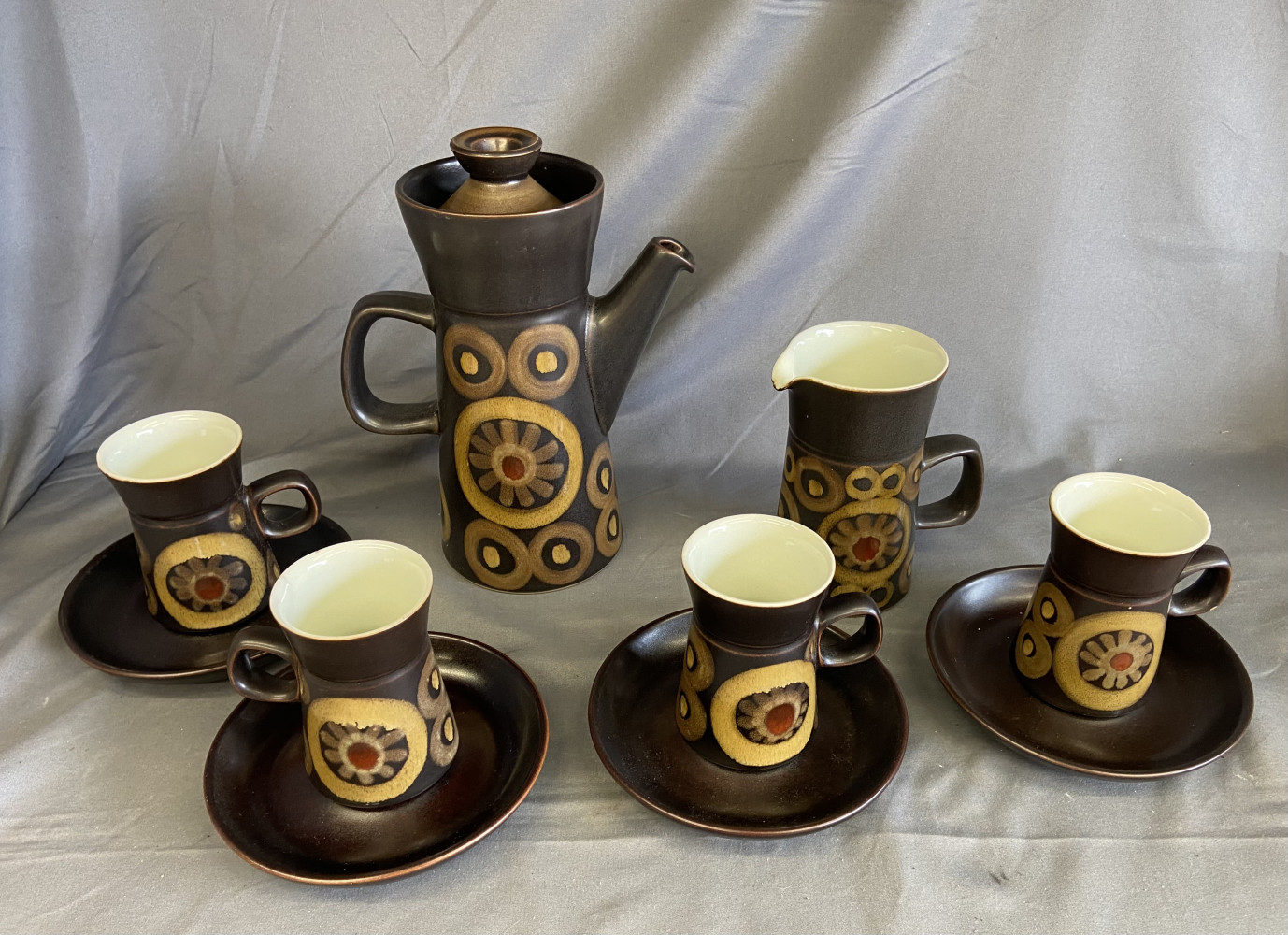 1970s Denby Arabesque pattern coffee service set