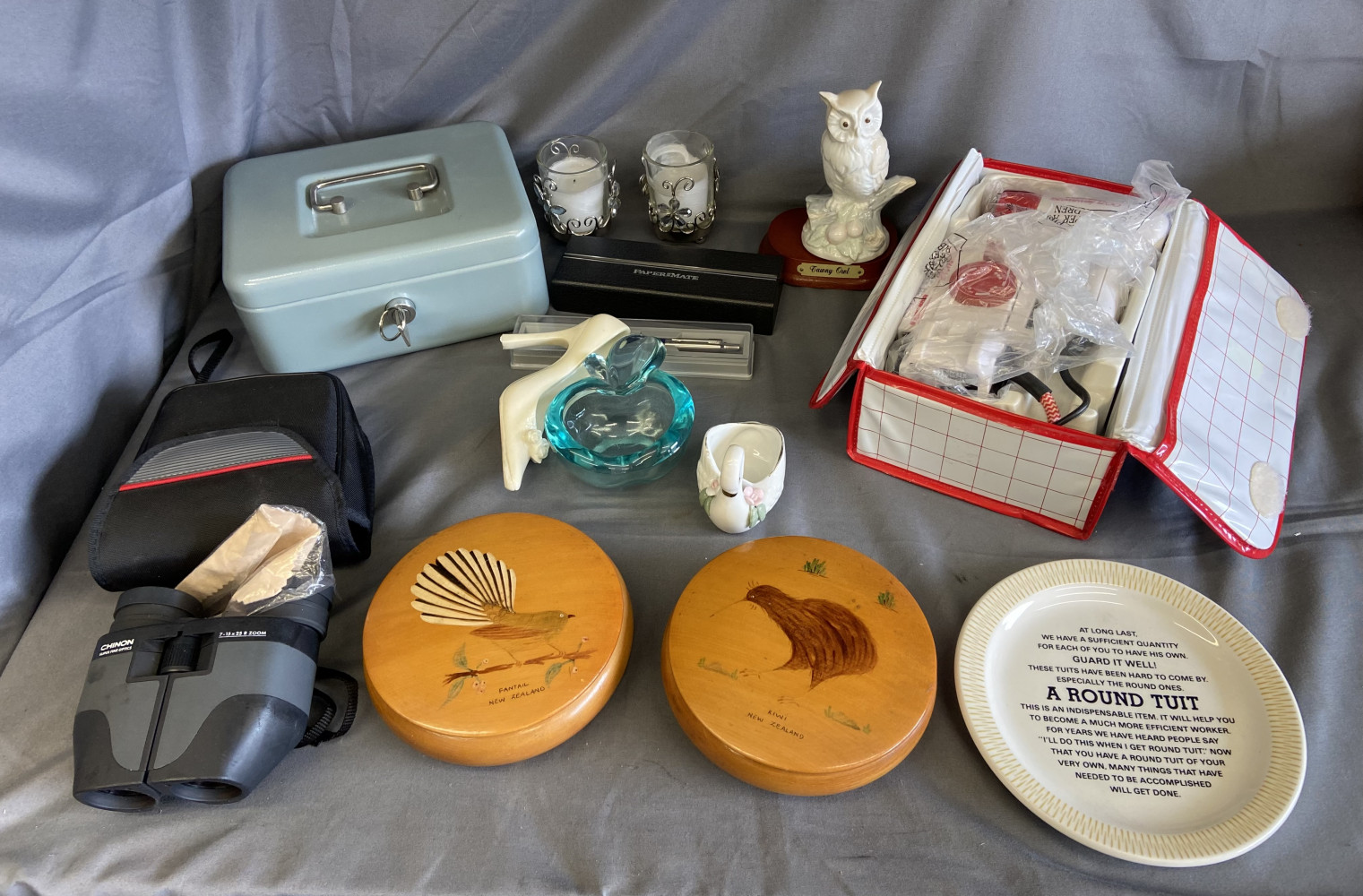 Black and decker stowaway 1200 in case, case tin, binoculars and other household collectables