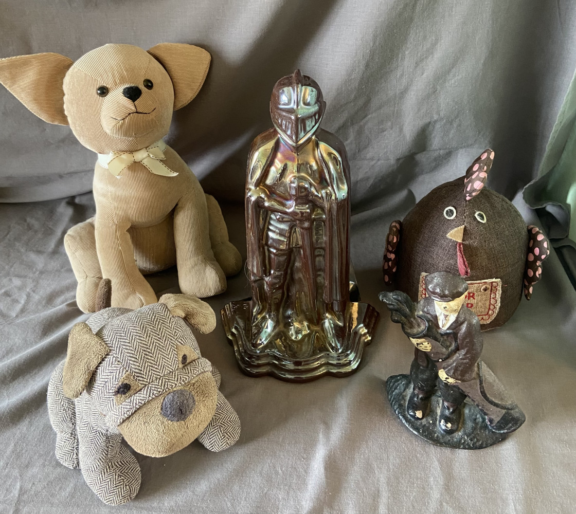 3 fabric weighted door stops, fireside set and cast door stop
