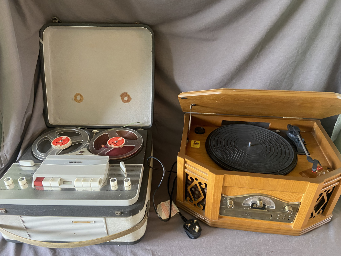 Vintage Philips EL 3549 reel-to-reel tape recorder and a  4-in-1 nostalgia stereo system