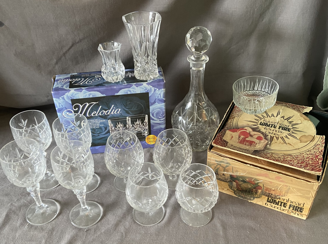 Crystal decanter and glasses and Raven Head White Fire glass set