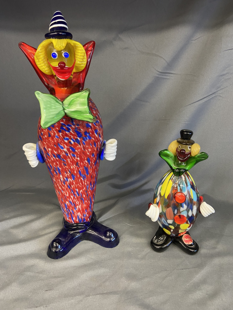 2 Murano Clowns with the fish style body tallest 32cms