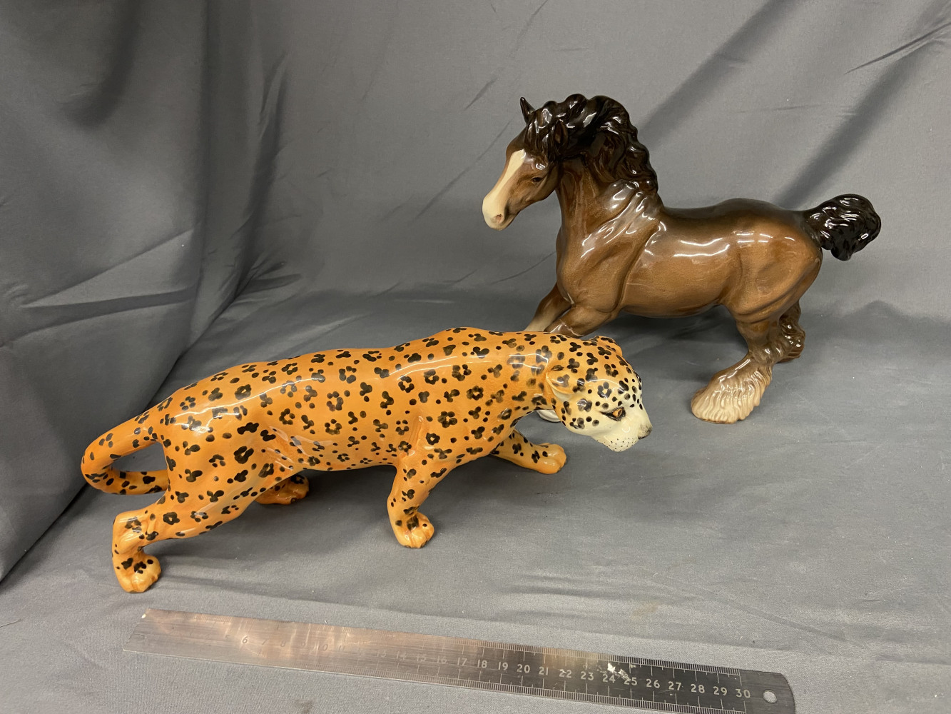 Beswick Leopard And Beswick Cantering Shire Horse leopard ear chipped and leg glued on horse